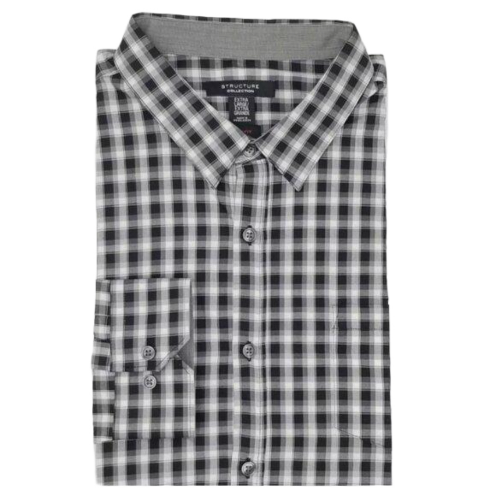 Structure Collection Black & White Checkered Slim Fit Long Sleeve Button-Up XL